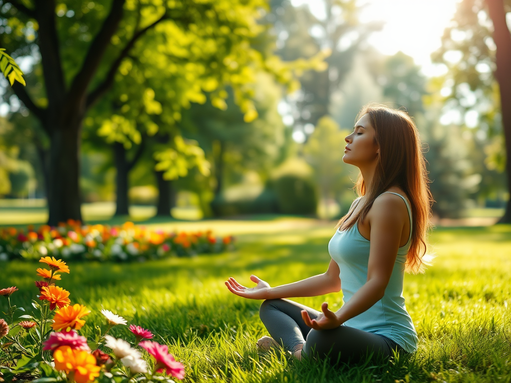 Een serene vrouw mediteert in een groene parkomgeving.