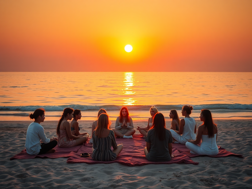 "a serene beach at sunset" "a small circle of diverse women sitting on blankets" "soft glowing moonlight" "gentle waves" "warm, inviting atmosphere" "symbols of nature and spirituality" "calm, reflective expressions" "balanced composition" This image is i