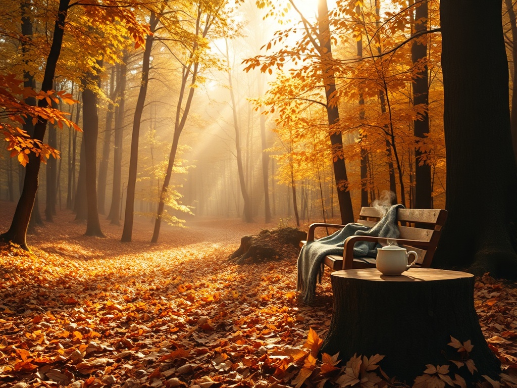 "cozy autumn forest path" "soft golden light filtering through amber leaves" "fallen leaves forming a warm carpet" "small wooden bench with a wool blanket" "cup of steaming tea on a tree stump" "gentle mist, tranquil, inviting"