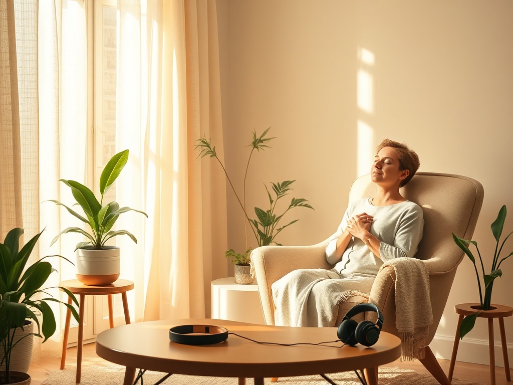 "sunlit cozy therapy room" "soft armchair with blanket" "gentle audio headphones on table" "warm light, calming plants" "person breathing peacefully, relaxed posture"