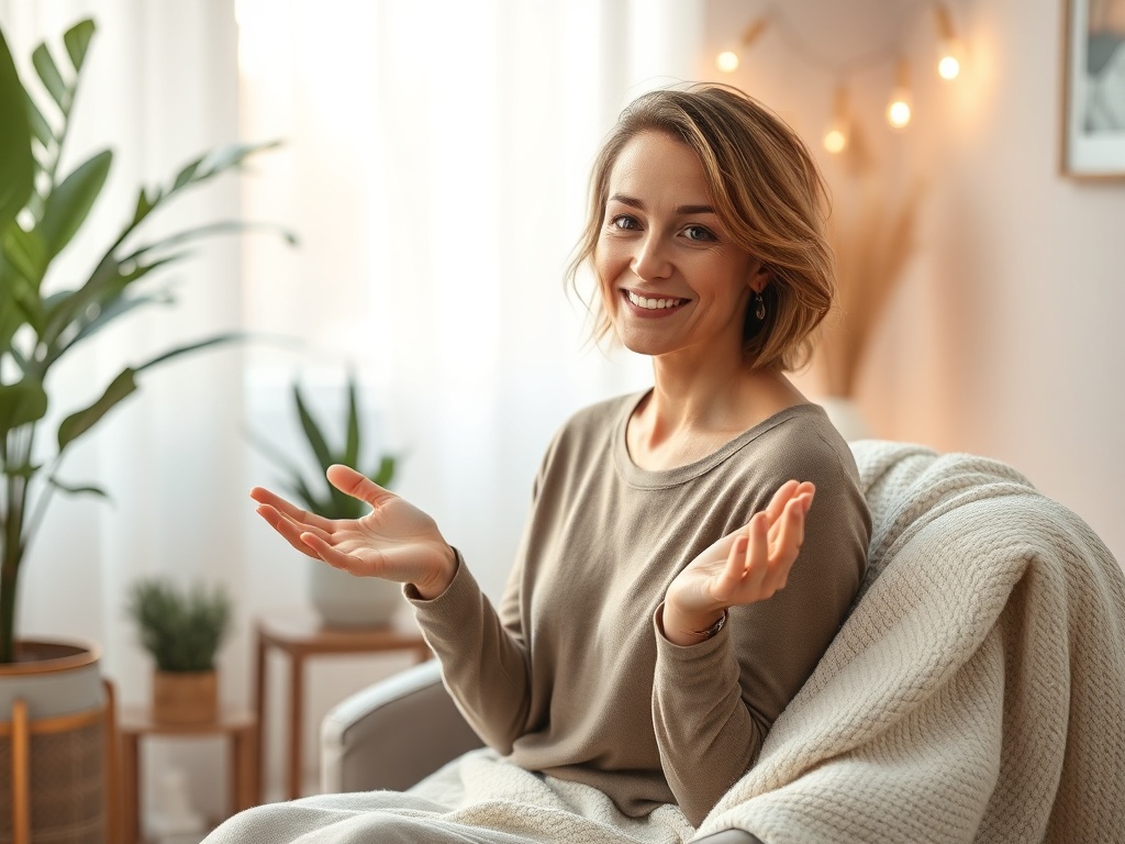 "soft-lit serene therapist room" "woman mid-30s, gentle compassionate expression" "comfortable chair, cozy blanket" "soft pastel color palette, warm golden light" "calm plants, healing crystals" "subtle hands demonstrating tapping points" "gentle breathy 