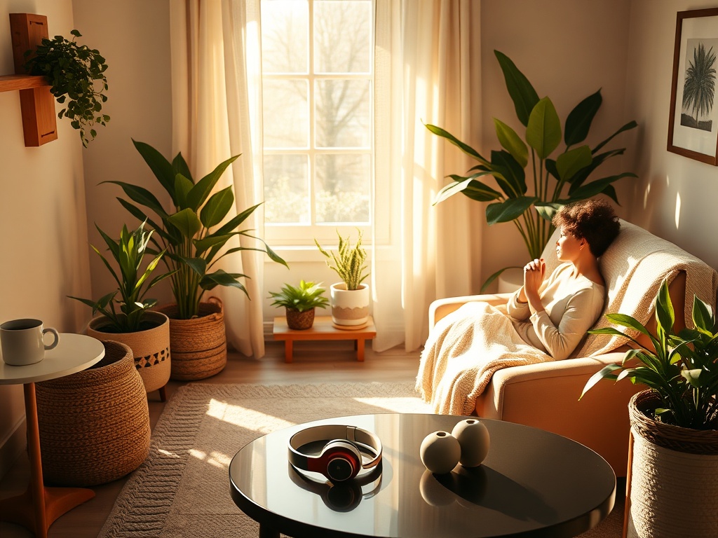 "sunlit cozy therapy room" "soft armchair with blanket" "gentle audio headphones on table" "warm light, calming plants" "person breathing peacefully, relaxed posture"