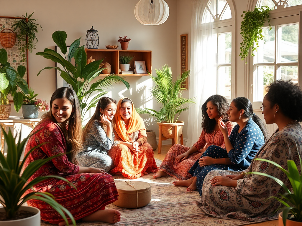 Een serene bijeenkomst van diverse moeders in een zonnige kamer.