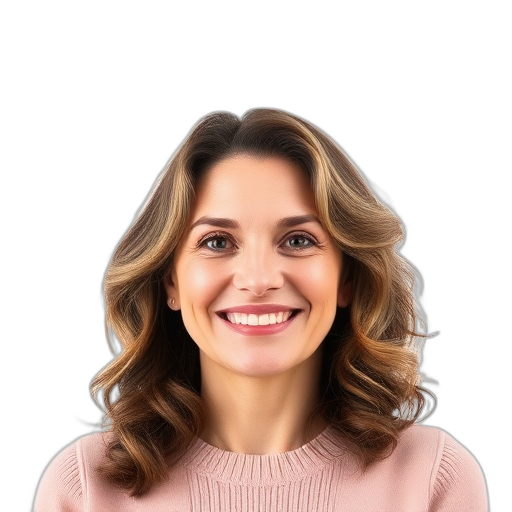 Een persoon met krullend haar glimlacht naar de camera.