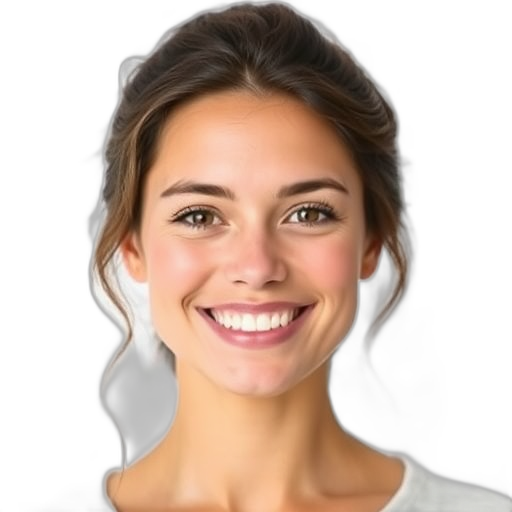 Een vrouw glimlacht naar de camera met een witte achtergrond.