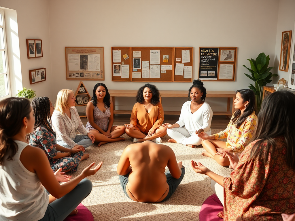 Een serene ruimte met moeders die ademhalingsoefeningen doen.