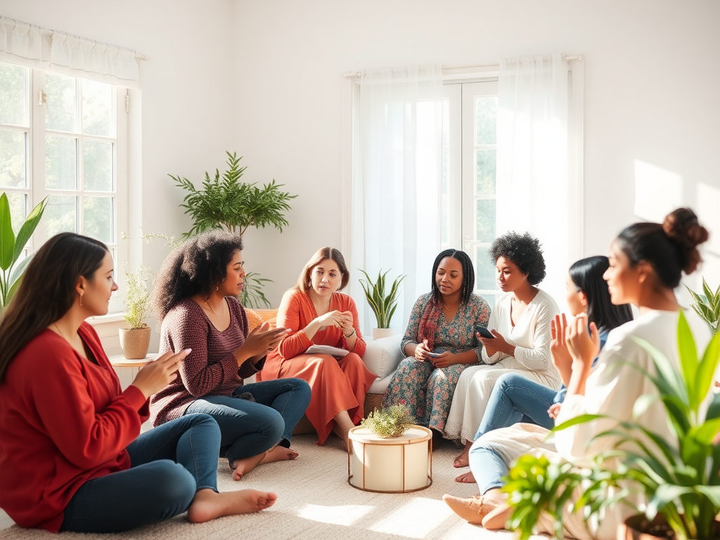 Een bijeenkomst van diverse moeders in een zonnige kamer.