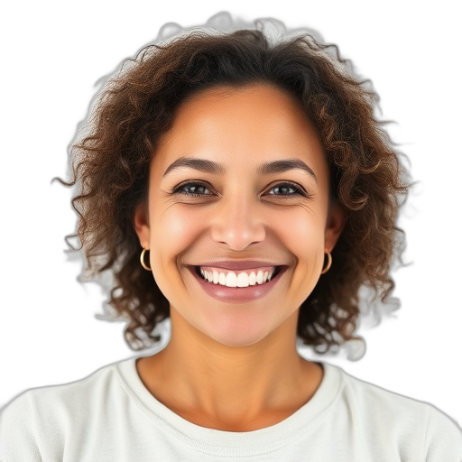 Een persoon met krullend haar die naar de camera glimlacht.
