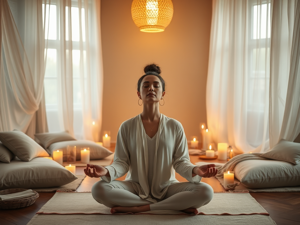 Een serene meditatieruimte met kaarsen en zachte kussens.
