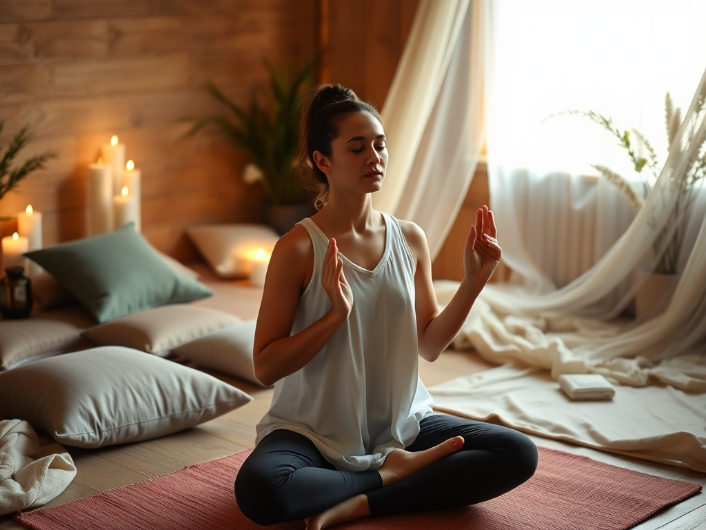 Een rustige meditatie ruimte met kaarsen en kussens.