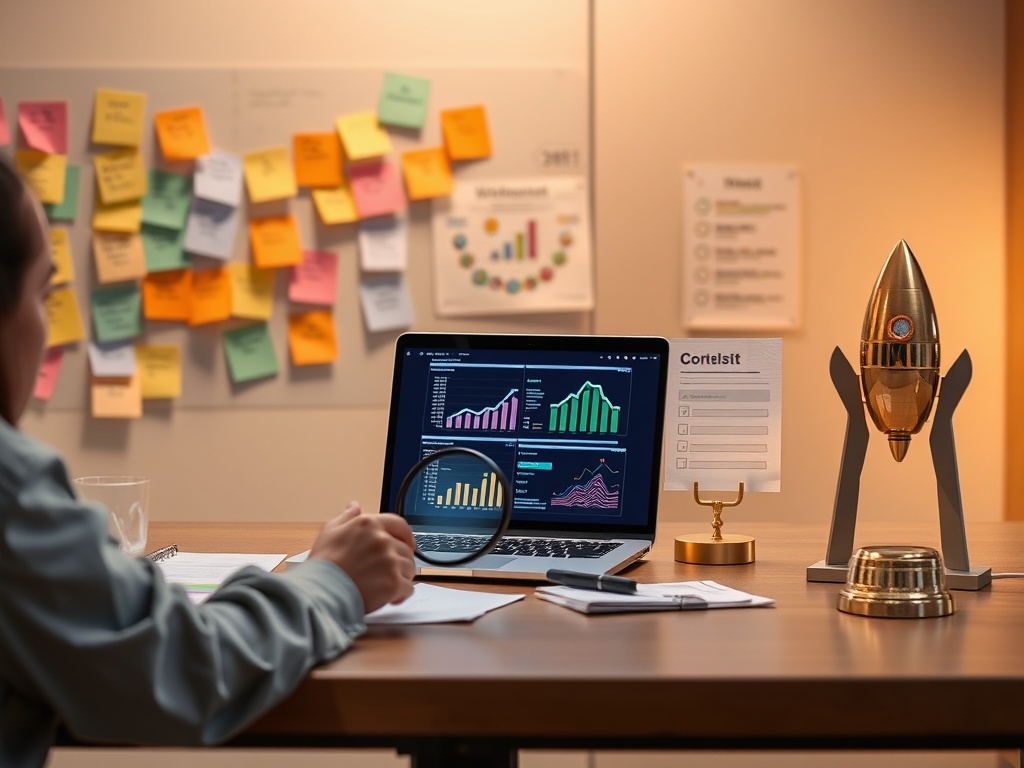 "three-day workshop scene" "day1 brainstorming sticky notes, laptop with AI code glow" "day2 market analysis charts, magnifying glass" "day3 winner trophy, checklist, rocket launch model"