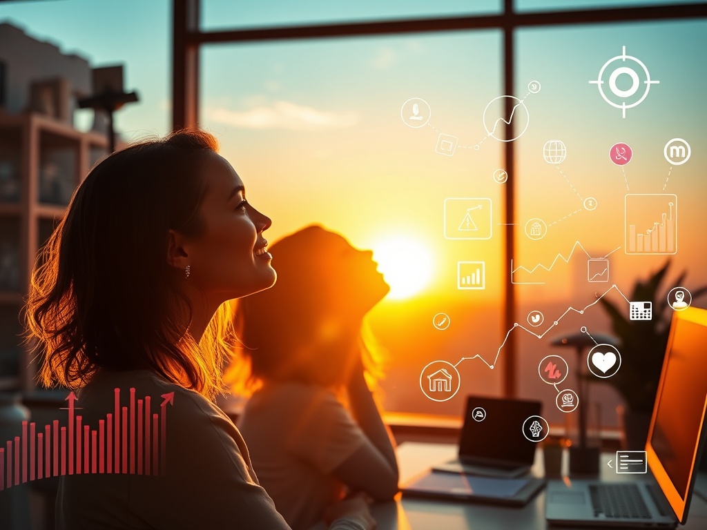 "A empowered woman at sunrise, light-filled workspace, AI-inspired graphs and vibrant icons surrounding her, focusing on clarity, determination, and digital product creation."