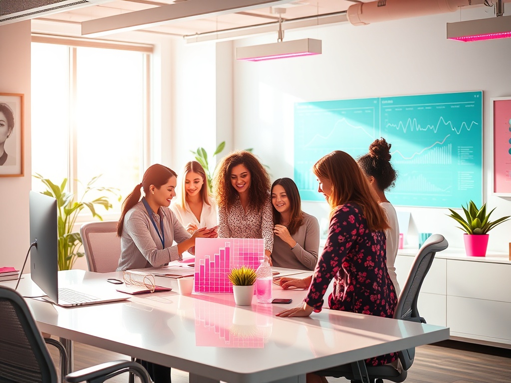"A vibrant, sunlit workspace with a diverse group of women collaborating around a sleek desk, AI-inspired graphs glowing, soft pink and teal accents, empowering atmosphere, subtle digital motifs."
