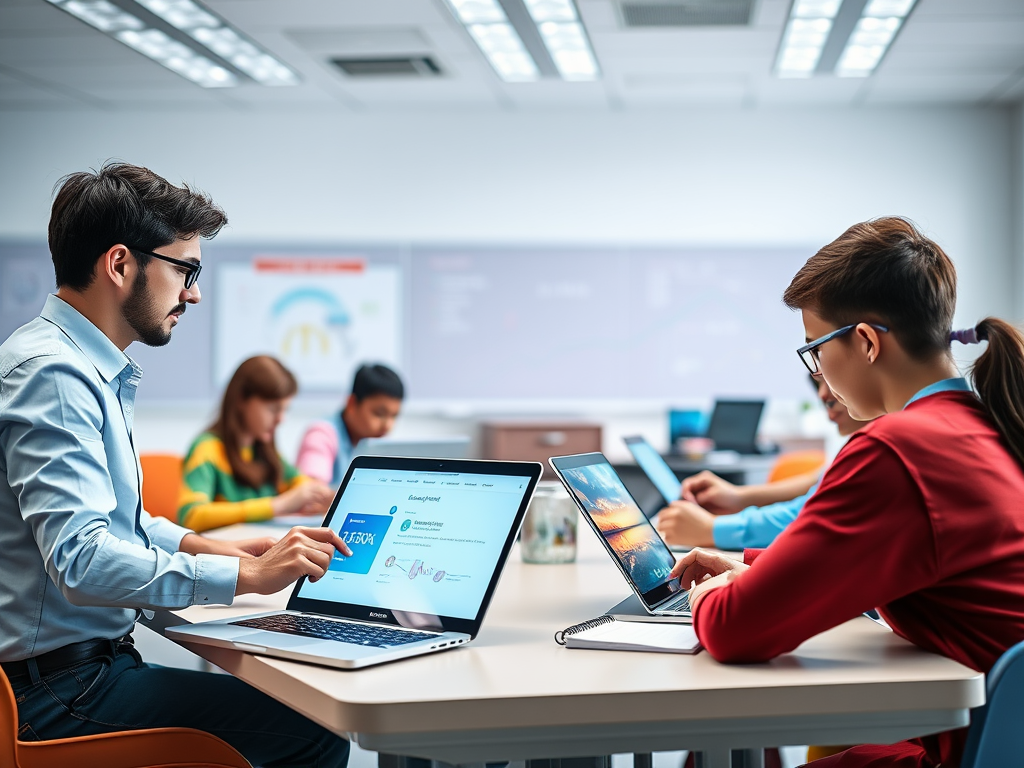 Leraar en studenten werken met laptops en tablets in een modern klaslokaal.