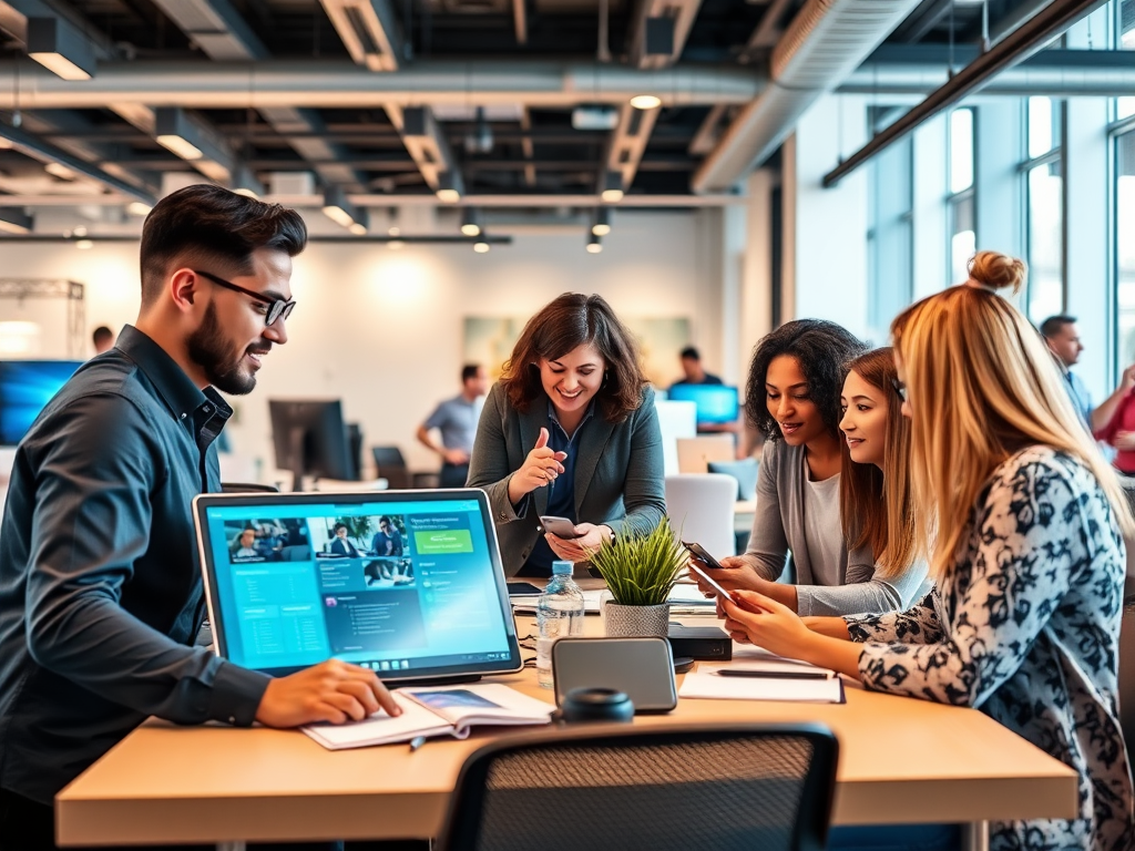 "modern workspace" "diverse professionals collaborating" "digital tools on screens" "flexible learning environment" "networking event atmosphere" "bright, inspiring colors"