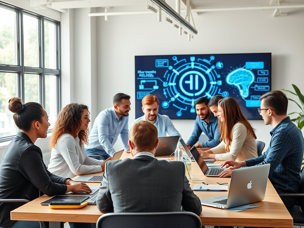 "a diverse group of professionals" "engaged in a modern workshop" "bright, open office space" "large digital screen showing AI concepts" "collaborative atmosphere" "laptops and notebooks on tables" "natural light flooding room"