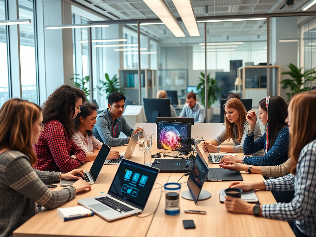 "modern office" with "diverse group engaged in workshop" around "table with laptops and digital devices" showing "interactive AI technology visuals" and "bright, collaborative atmosphere"