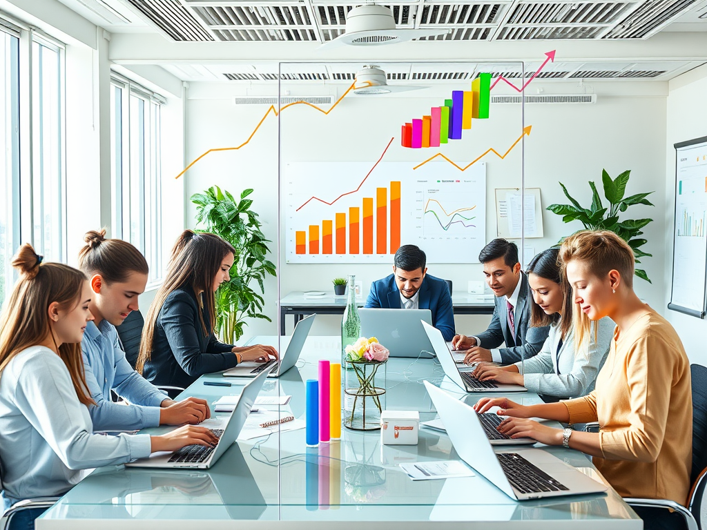 A modern, bright workspace with diverse professionals using laptops and tablets, vibrant charts floating around, symbolizing growth and flexible online learning.