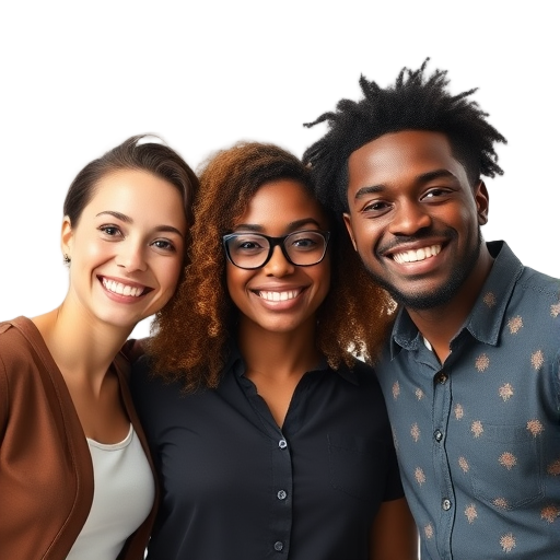 A diverse group of three people smiling confidently "bright studio lighting" "plain white background" "casual smart clothing" "expressive, engaging eyes" "warm, inviting atmosphere".