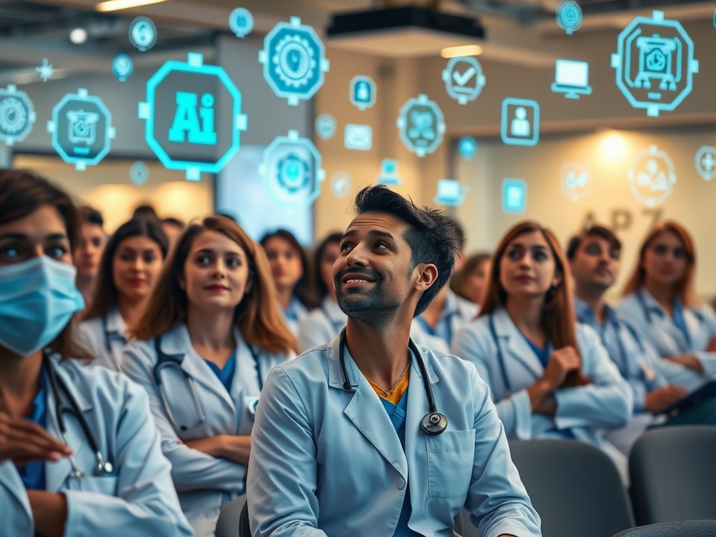 A diverse group of healthcare professionals attentively engaging in a modern workshop, surrounded by digital AI icons, warm lighting, and a collaborative atmosphere.