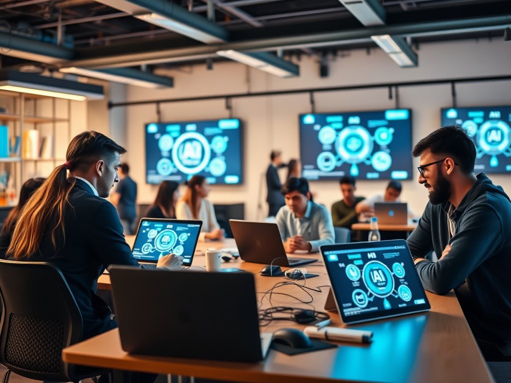 "a modern workshop setting" "diverse entrepreneurs engaged" "laptops and digital screens displaying AI concepts" "interactive, collaborative atmosphere" "bright, innovative workspace" "focus on learning and creativity"