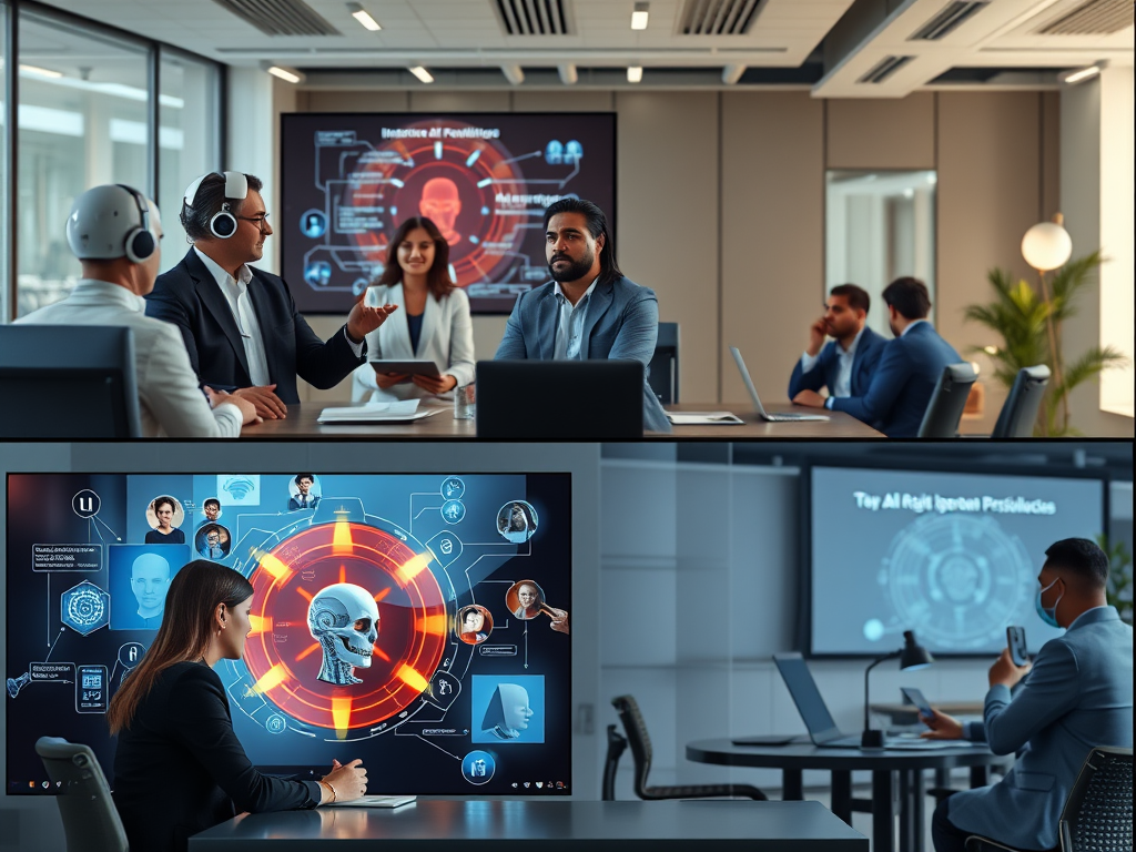 "three distinct panels" showing "interactive AI knowledge session" with "diverse professionals engaged," "AI-generated video creation," and "strategic AI prompting techniques in a modern workspace."