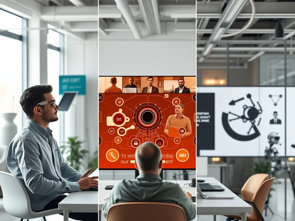 "three distinct panels" showing "interactive AI knowledge session" with "diverse professionals engaged," "AI-generated video creation," and "strategic AI prompting techniques in a modern workspace."