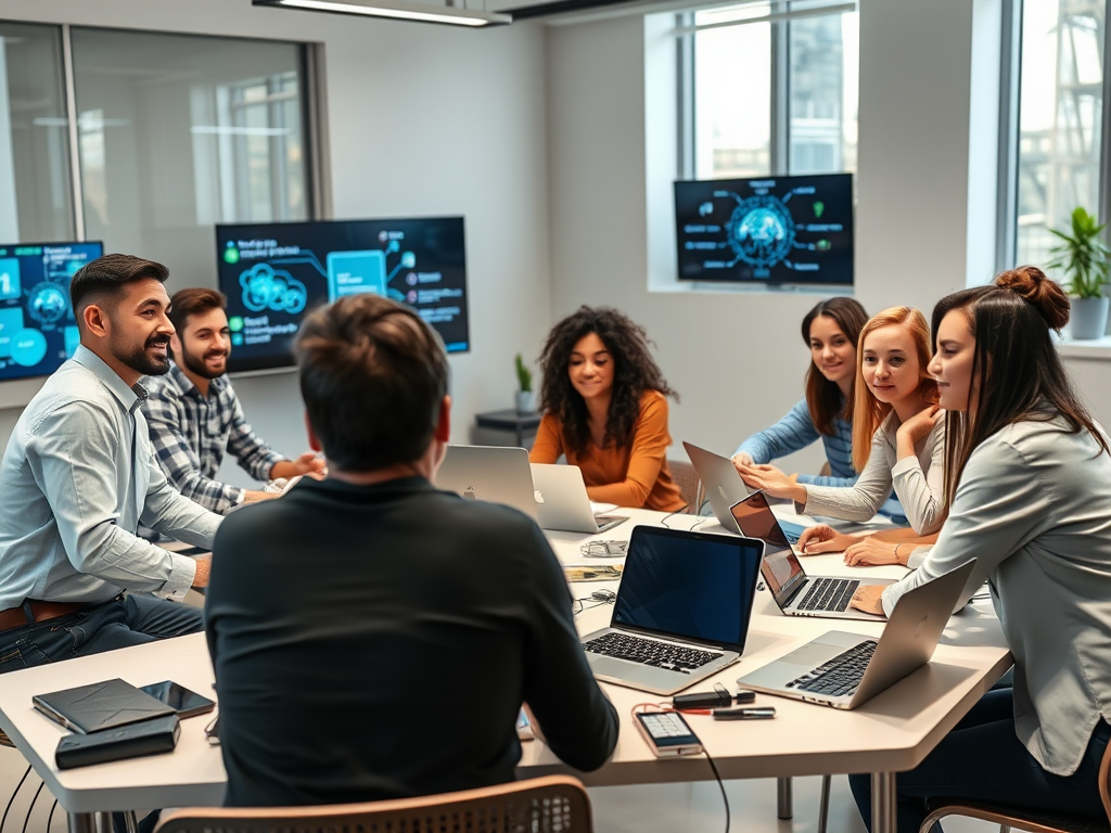 "A diverse group of professionals in a modern workshop room" "engaged in a hands-on AI training session" "laptops and digital tools on tables" "bright, collaborative atmosphere" "visuals of AI concepts on screens" "expressions of focus and inspiration"