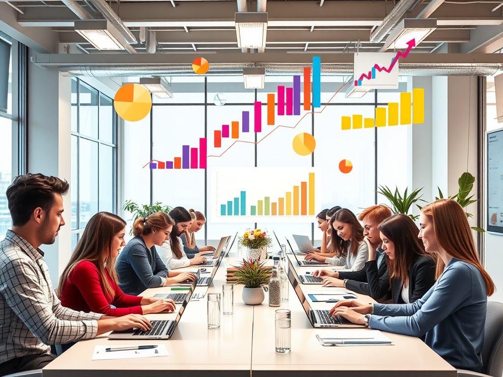A modern, bright workspace with diverse professionals using laptops and tablets, vibrant charts floating around, symbolizing growth and flexible online learning.