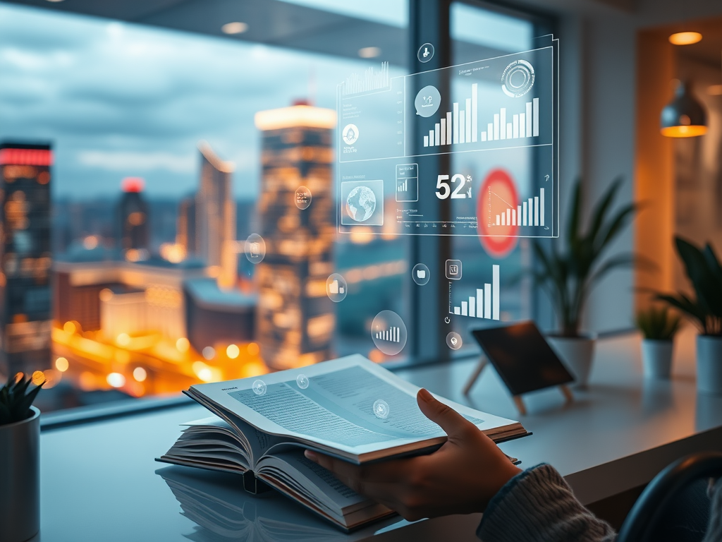 "A person reading a futuristic digital book" "floating holographic tools and charts" "bright, inspiring workspace" "modern cityscape through window" "warm, motivating atmosphere"