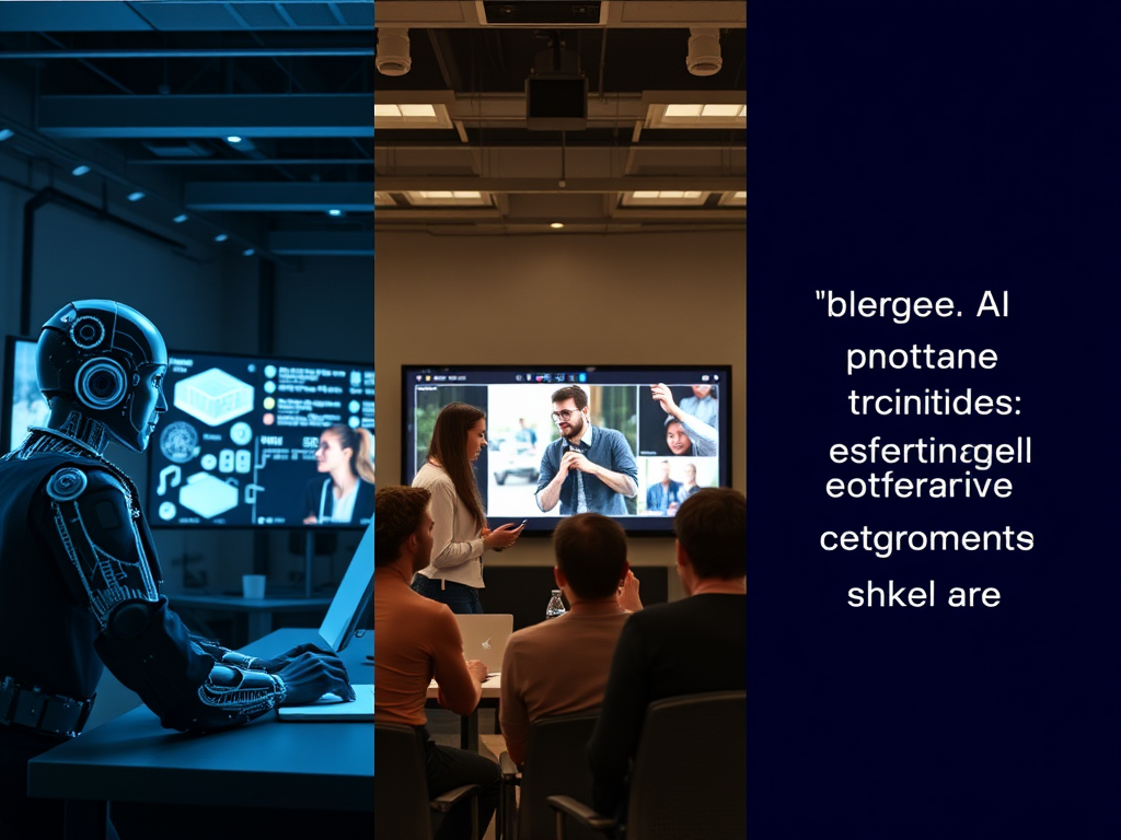 "three distinct panels" showing "interactive AI knowledge session" with "diverse professionals engaged," "AI-generated video creation," and "strategic AI prompting techniques in a modern workspace."