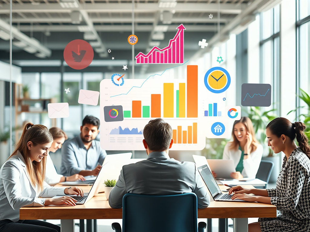 A modern, bright workspace with diverse professionals using laptops and tablets, vibrant charts floating around, symbolizing growth and flexible online learning.