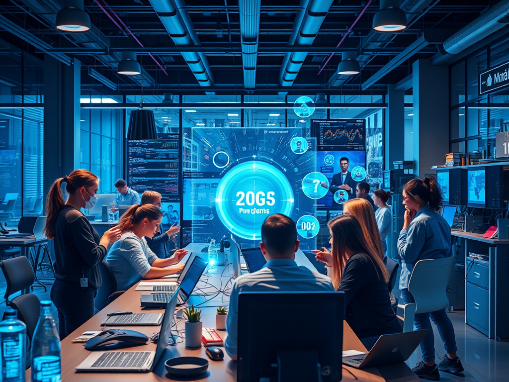 "modern workspace" with "diverse professionals collaborating" surrounded by "digital tools and futuristic holograms" under a bright, inspiring atmosphere.