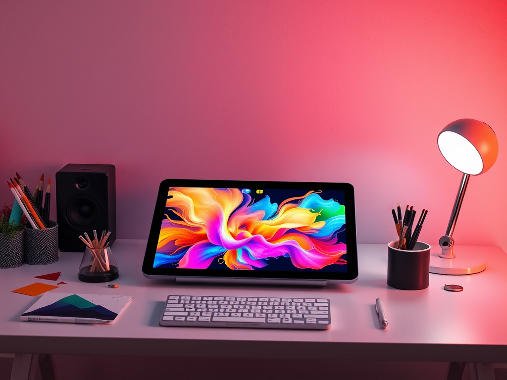 "a creative artist workspace" "digital tablet with vibrant AI-generated art" "soft glowing ambient light" "colorful paint splashes around" "modern minimalist desk setup"