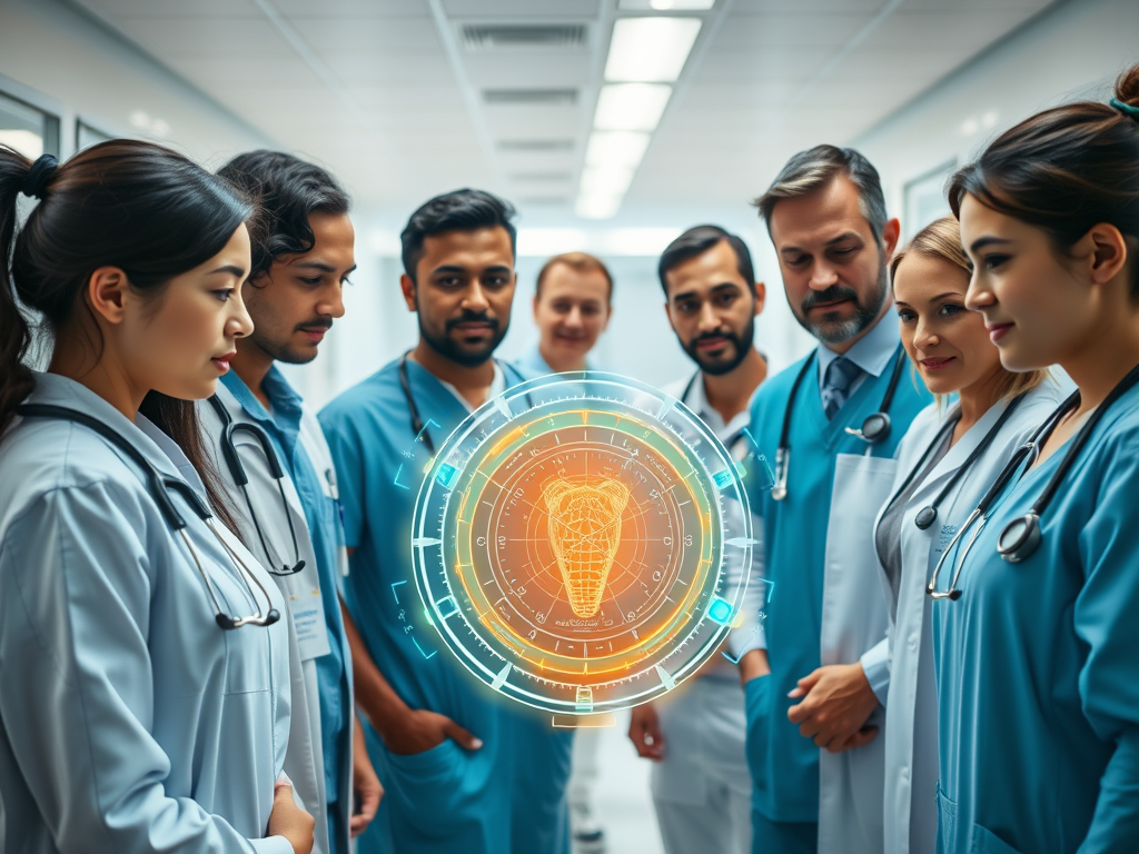 "a diverse group of healthcare professionals" gathered around "a glowing futuristic AI interface" showing "data streams and digital icons," in a "bright hospital setting" with "calm, focused expressions."