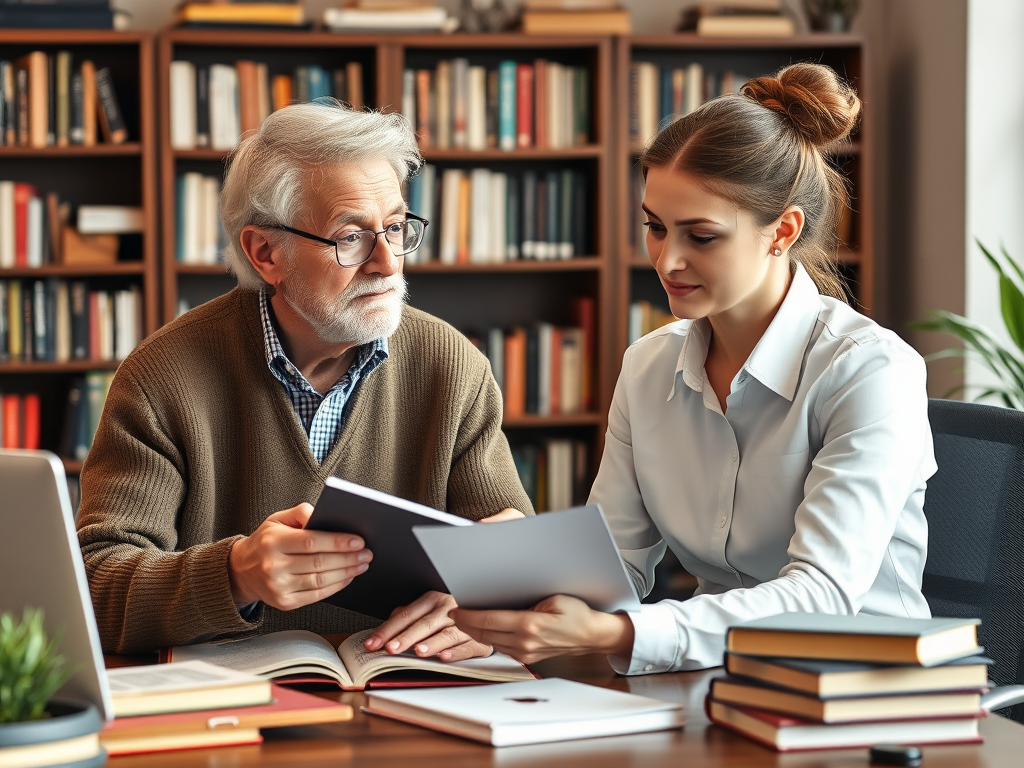 "A wise elderly mentor" "sharing knowledge with a young professional" "surrounded by books and digital devices" "warm, inspiring office environment"