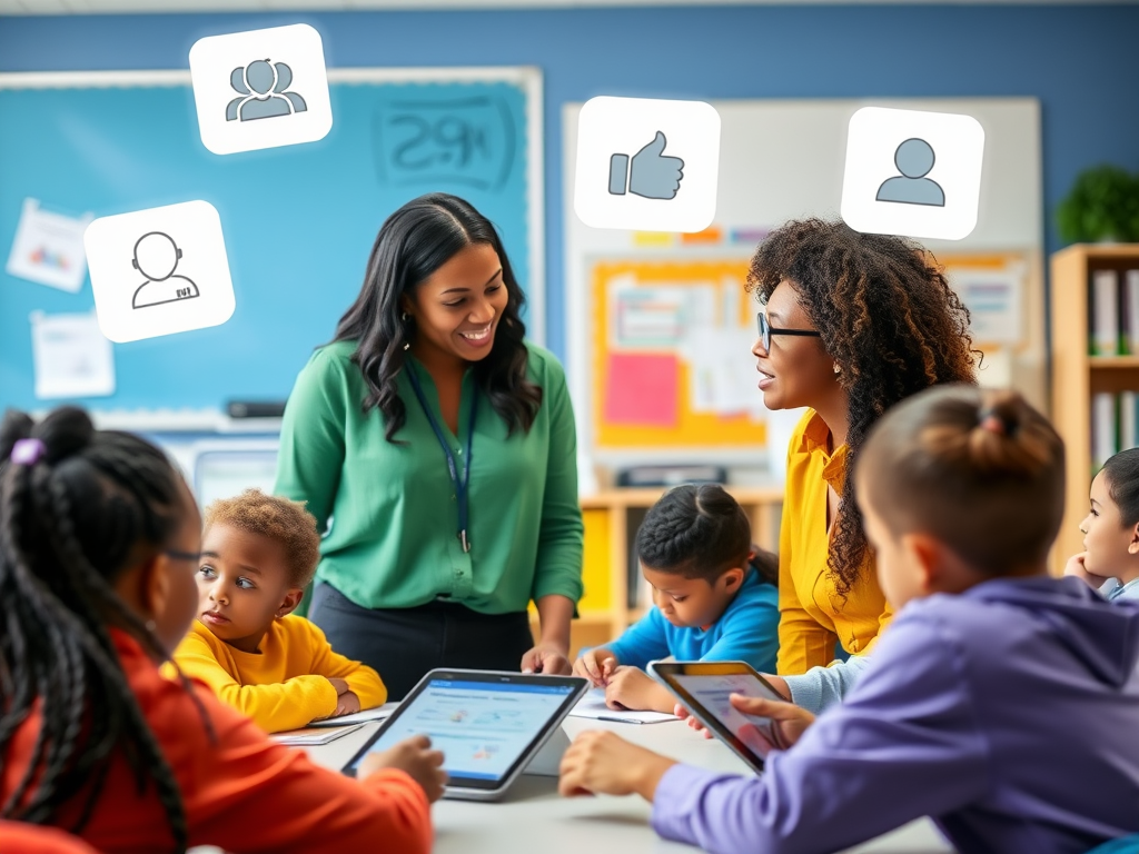 "a diverse teacher and coach discussing feedback" "floating icons representing feedup, feedback, feedforward" "bright classroom setting" "students engaging with digital tablets" "visuals of clear goals and growth steps"