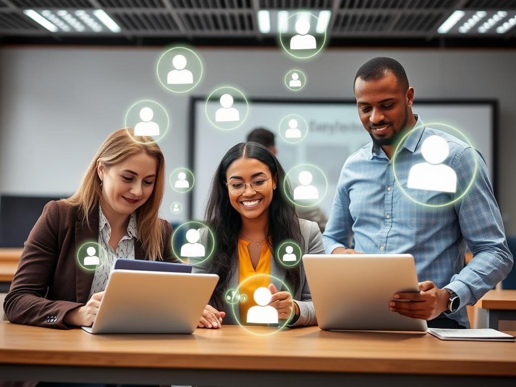 "three diverse professionals" in a "modern classroom setting" with "digital tablets and laptops," showing "engagement and collaboration," surrounded by "floating glowing icons symbolizing feedback, growth, and learning."
