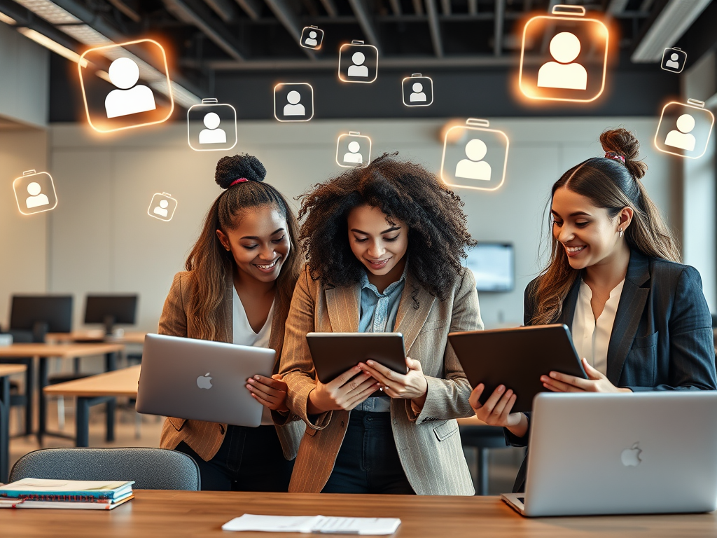 "three diverse professionals" in a "modern classroom setting" with "digital tablets and laptops," showing "engagement and collaboration," surrounded by "floating glowing icons symbolizing feedback, growth, and learning."