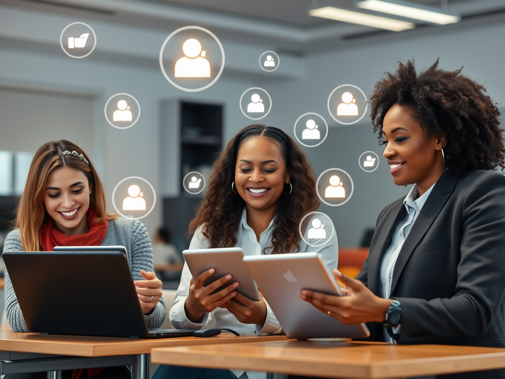 "three diverse professionals" in a "modern classroom setting" with "digital tablets and laptops," showing "engagement and collaboration," surrounded by "floating glowing icons symbolizing feedback, growth, and learning."