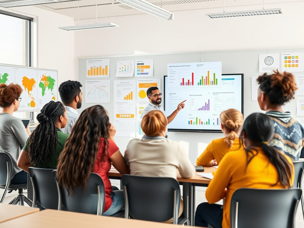 "A modern classroom" with "diverse students engaged in discussion" around "a teacher explaining concepts on a digital board," "colorful charts and graphs" in background, "bright natural light."