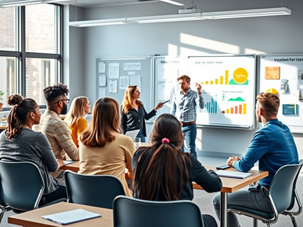 "A modern classroom" with "diverse students engaged in discussion" around "a teacher explaining concepts on a digital board," "colorful charts and graphs" in background, "bright natural light."