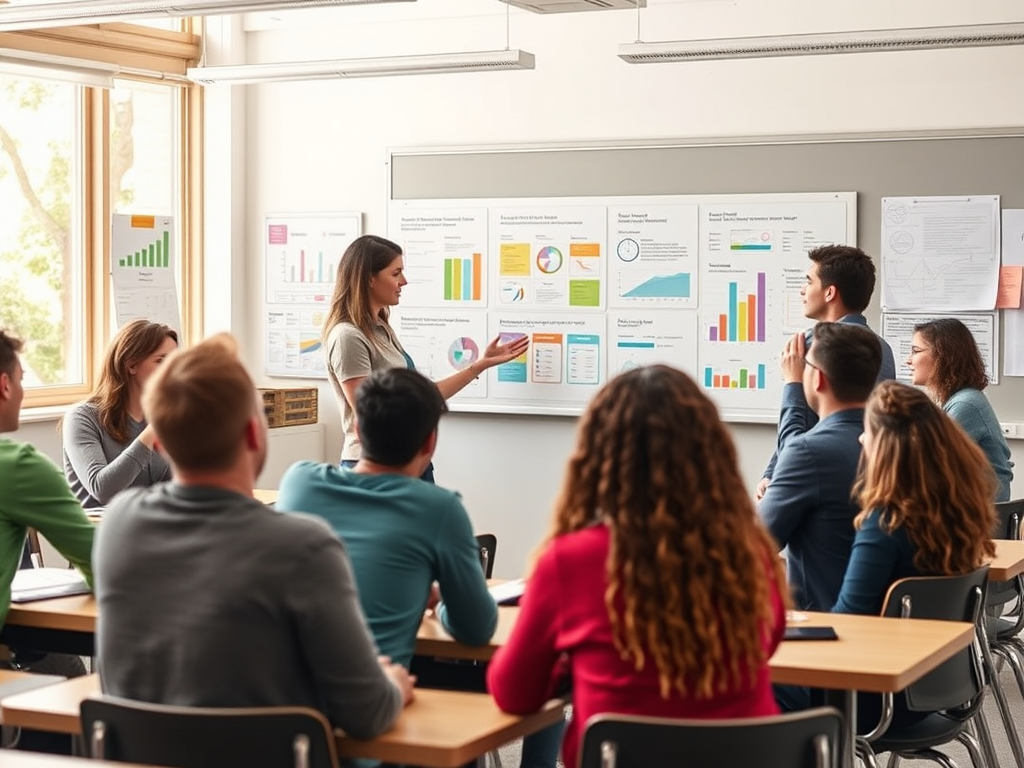 "A modern classroom" with "diverse students engaged in discussion" around "a teacher explaining concepts on a digital board," "colorful charts and graphs" in background, "bright natural light."