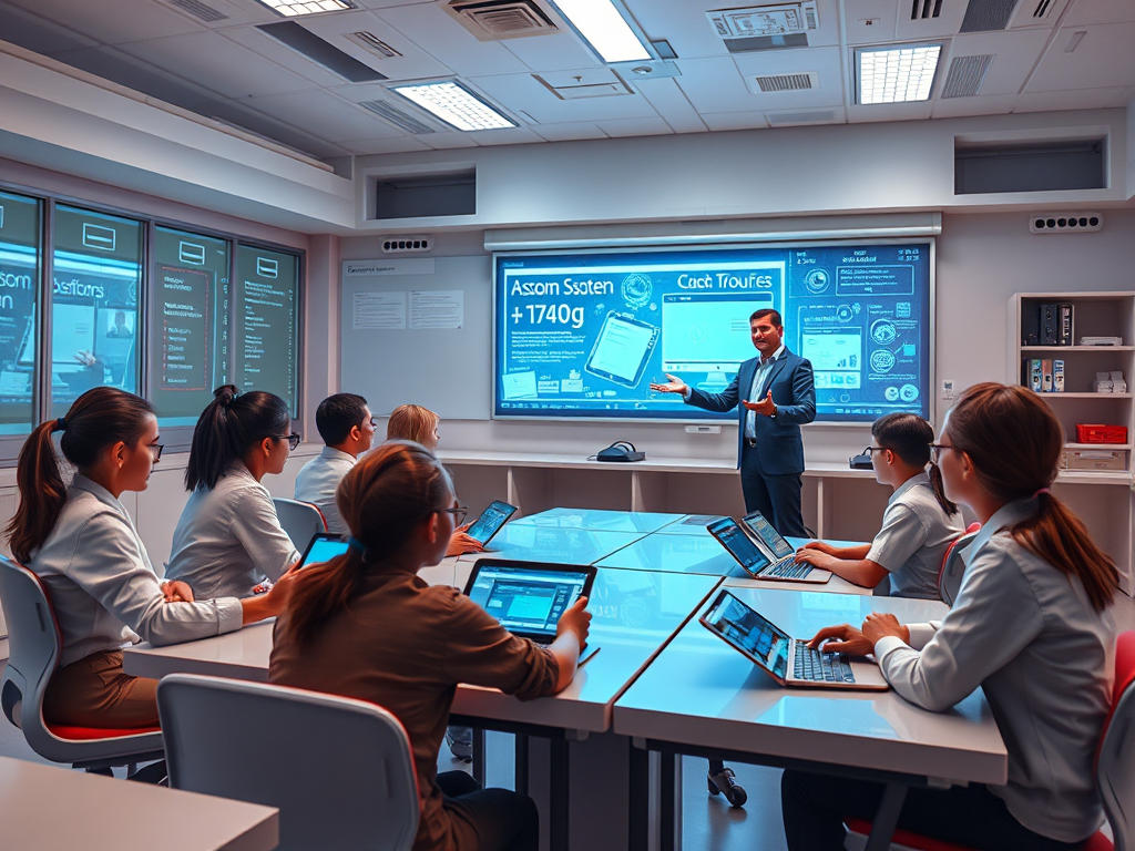 A futuristic classroom with "students using AI-powered tablets," a "teacher interacting with holographic personalized lesson plans," bright, modern, innovative atmosphere.