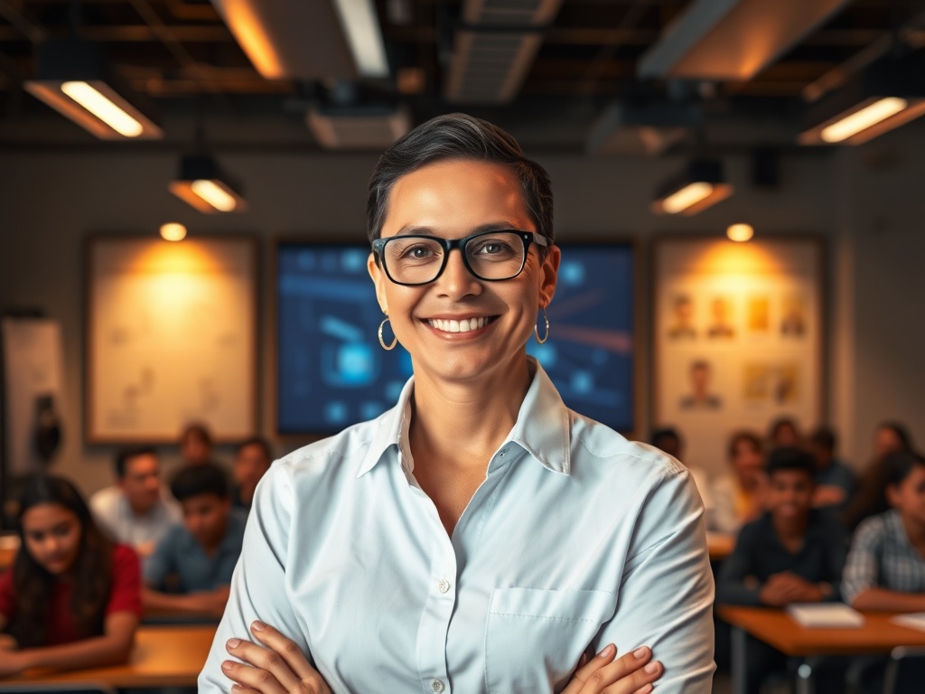 "a confident educator portrait at a sleek studio, AI avatar hologram beside them, warm lighting, modern classroom backdrop, diverse students, actionable, scalable content vibe"