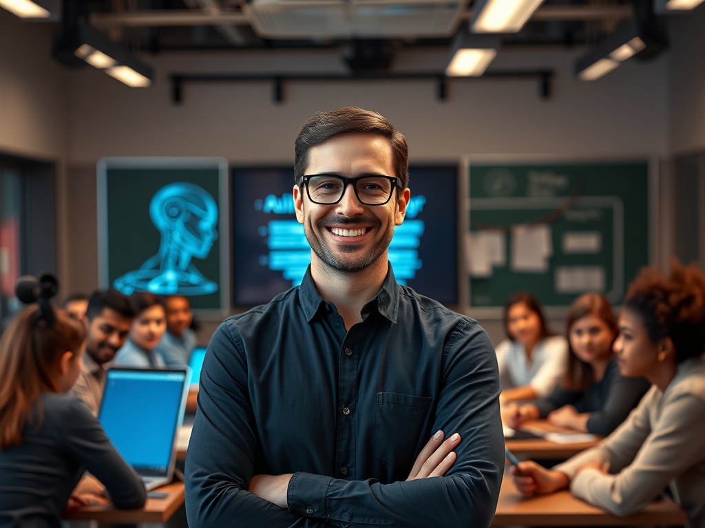 "a confident educator portrait at a sleek studio, AI avatar hologram beside them, warm lighting, modern classroom backdrop, diverse students, actionable, scalable content vibe"