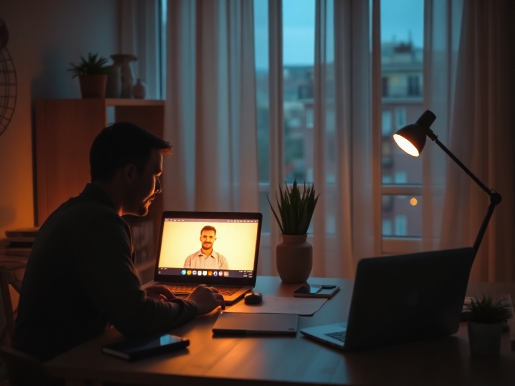 "warm home office" "laptop with video call glow" "two people silhouettes" "notes and sticky reminders" "focused calm mood" "encouraging feedback"
