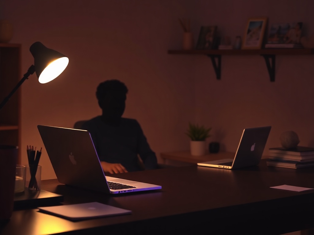 "warm home office" "laptop with video call glow" "two people silhouettes" "notes and sticky reminders" "focused calm mood" "encouraging feedback"