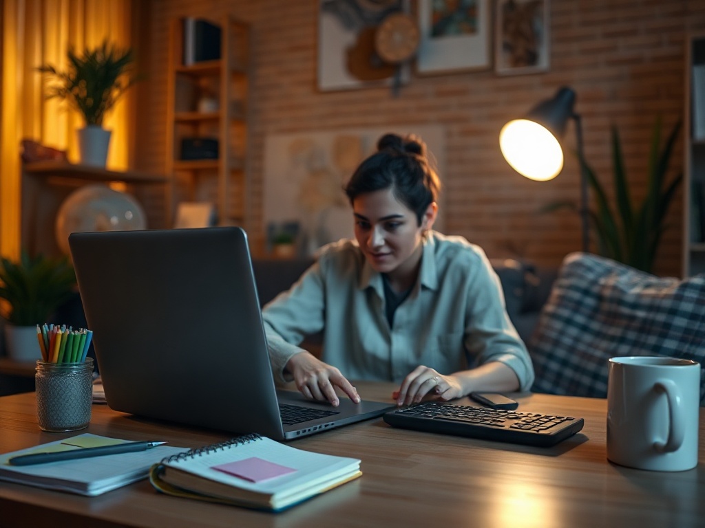 Cozy home office scene "person" on laptop in video call "glowing webcam light", calm supportive mood, notebooks with sticky notes, warm lighting, modern. You MUST not include ANY brand images or logos. You may ONLY reply with the format given. If you do N