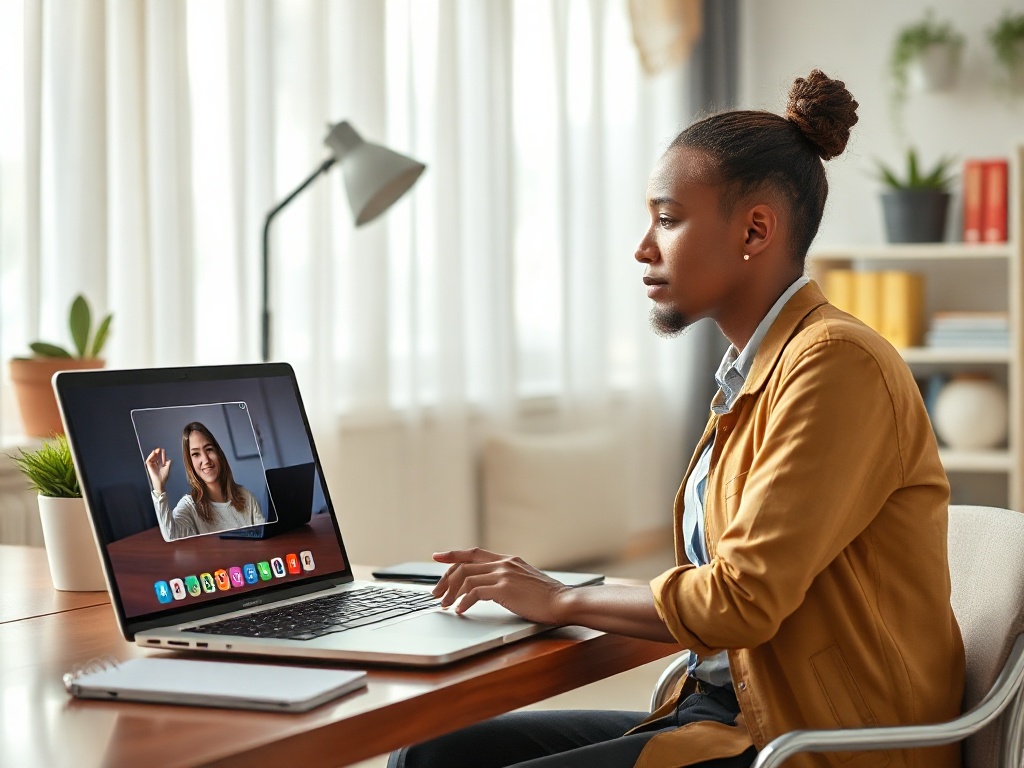 A warm home office with a laptop on a desk showing a video-call interface glow, thoughtful teacher figure, coaching atmosphere, soft daylight.